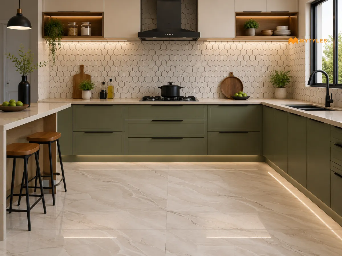 Honeycomb Pattern Wall Tile and Pearl Beige Marble